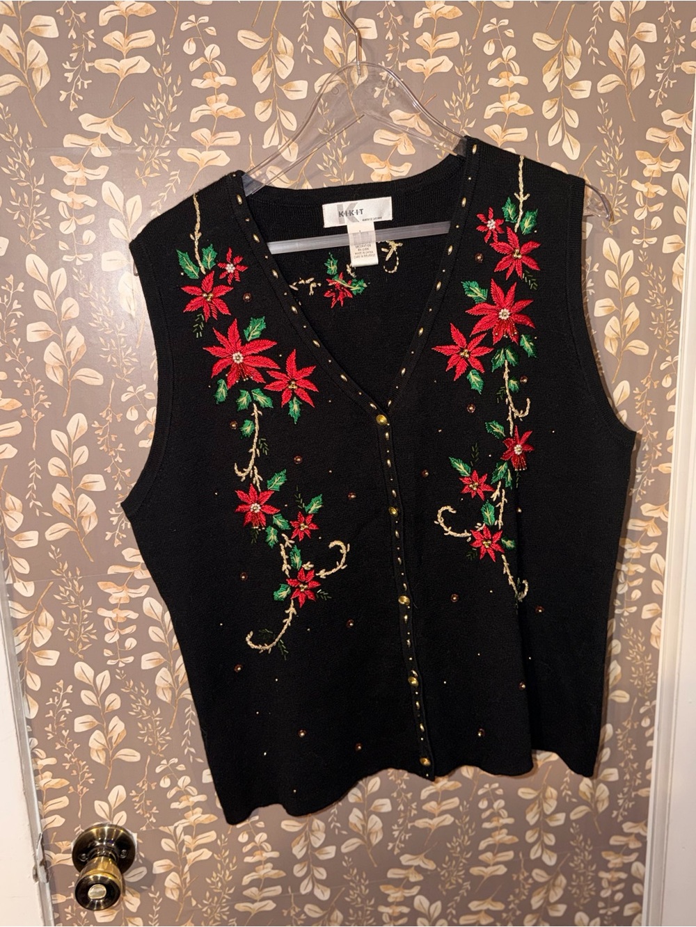 Kikit Black Poinsettia Embroidered Holiday Vest